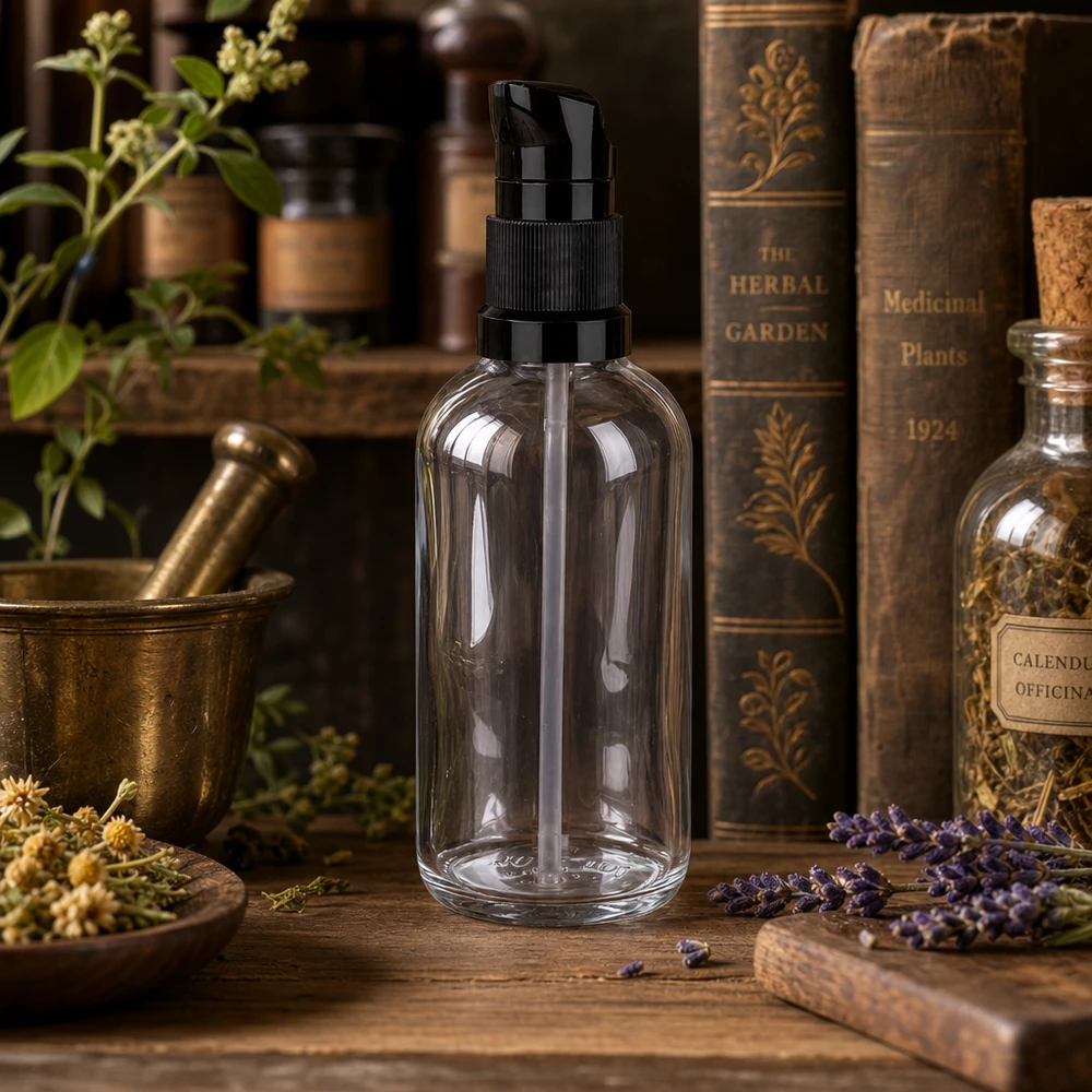 100ml Pumpflasche schwarz Standardverschluss ClearLine UT18/100 Glasflasche mit Pumpe 100ml ClearLine schwarze Kappe Korkflasche Naturheilkunde Ambiente