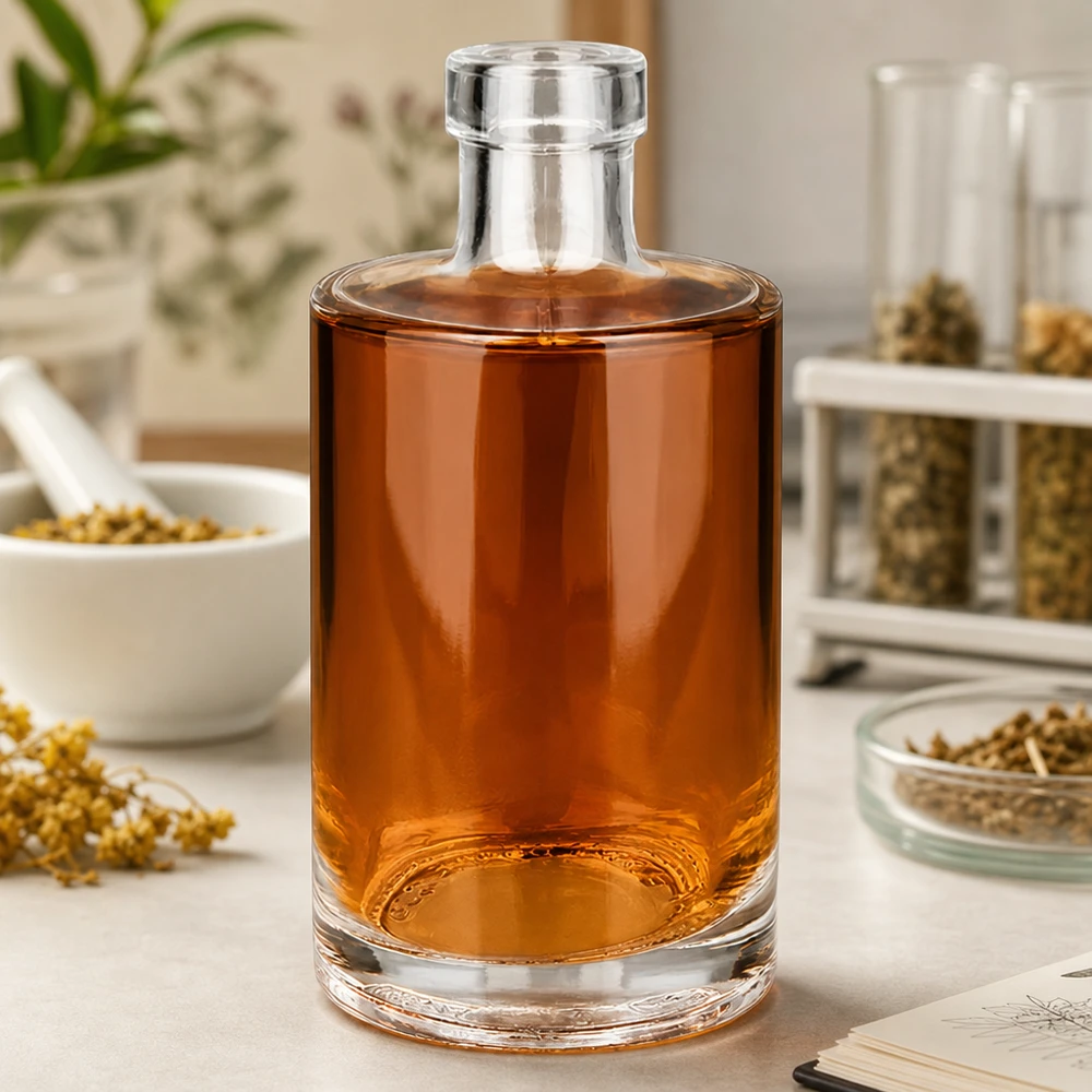 Bottiglia di vetro da 350 ml Marie con contenuto ambrato sul bancone della cucina tra spezie ed erbe aromatiche Immagine 5 di 10