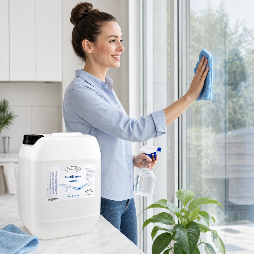 Donna pulisce i vetri con acqua distillata Doktor-Klaus 10L per risultati senza striature