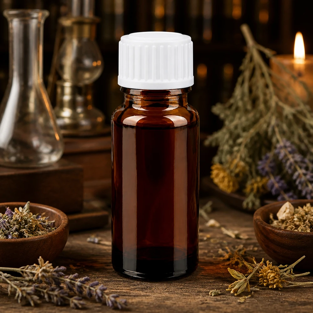 Apothekenflasche braun 10ml Tropfverschluss weiß 0.8mm Standard Braune 10ml Minimaldosierflasche mit weißem STD Tropfverschluss auf rustikalem Holzuntergrund