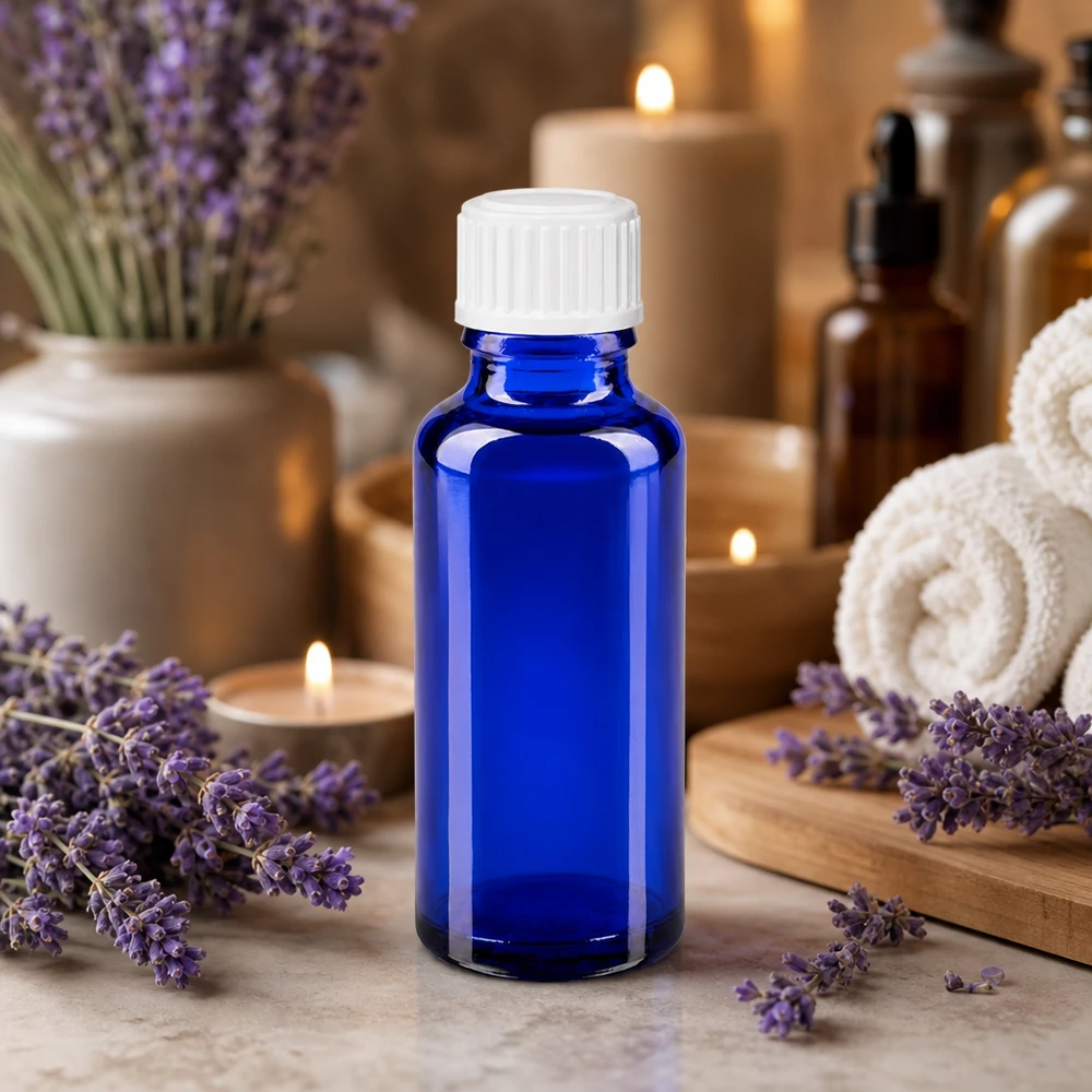 Apothekenflasche blau 30ml Schraubverschluss weiß Standard Blauglas Flakon 30ml mit weißem Schraubdeckel 11mm für Naturkosmetik und Öle