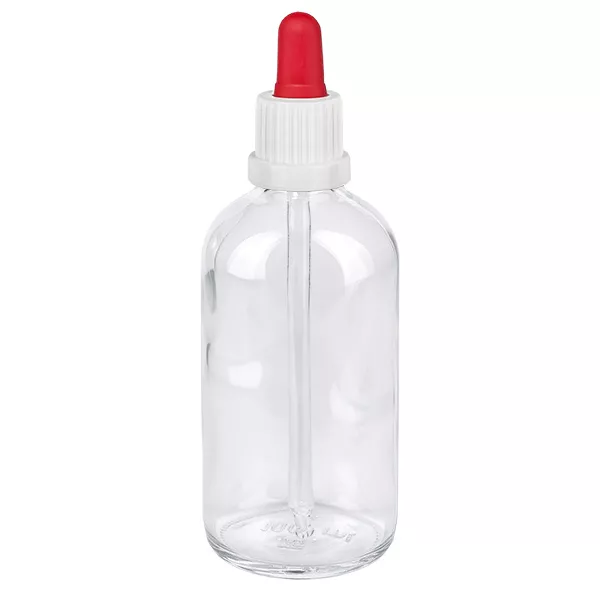Flacon-pipette de 100 ml en verre transparent, muni d'un bouchon à vis blanc et d'une bille de pipette rouge