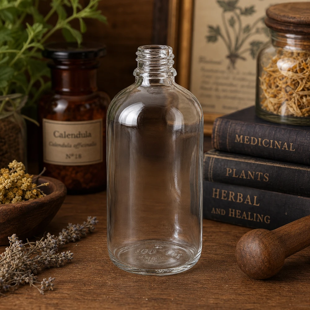 Flacon à pharmacie 100ml ClearLine DIN18 UNiTWIST Flacon en verre transparent ClearLine de 100 ml posé sur une table en bois, entre des herbes séchées et des ouvrages sur les plantes médicinales