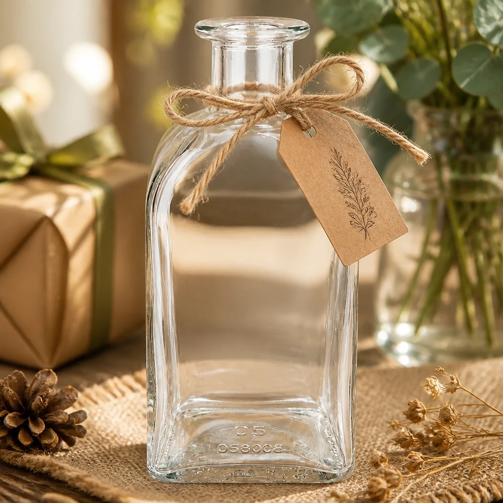 Bottiglia in vetro Julia da 500 ml con decorazione rustica Ciondolo in carta kraft e corda di iuta su sfondo in legno naturale
