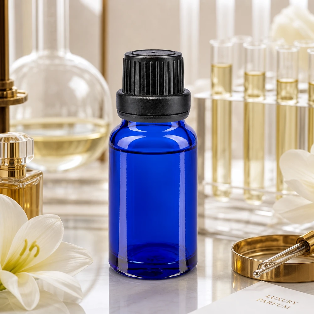 Apothekenflasche blau 10ml Tropfverschluss Giessring 2mm schwarz Originalitätsverschluss 10ml Tropfflasche aus blauem Apothekenglas mit OV-Sicherheitsverschluss für Aromatherapie und Kosmetik