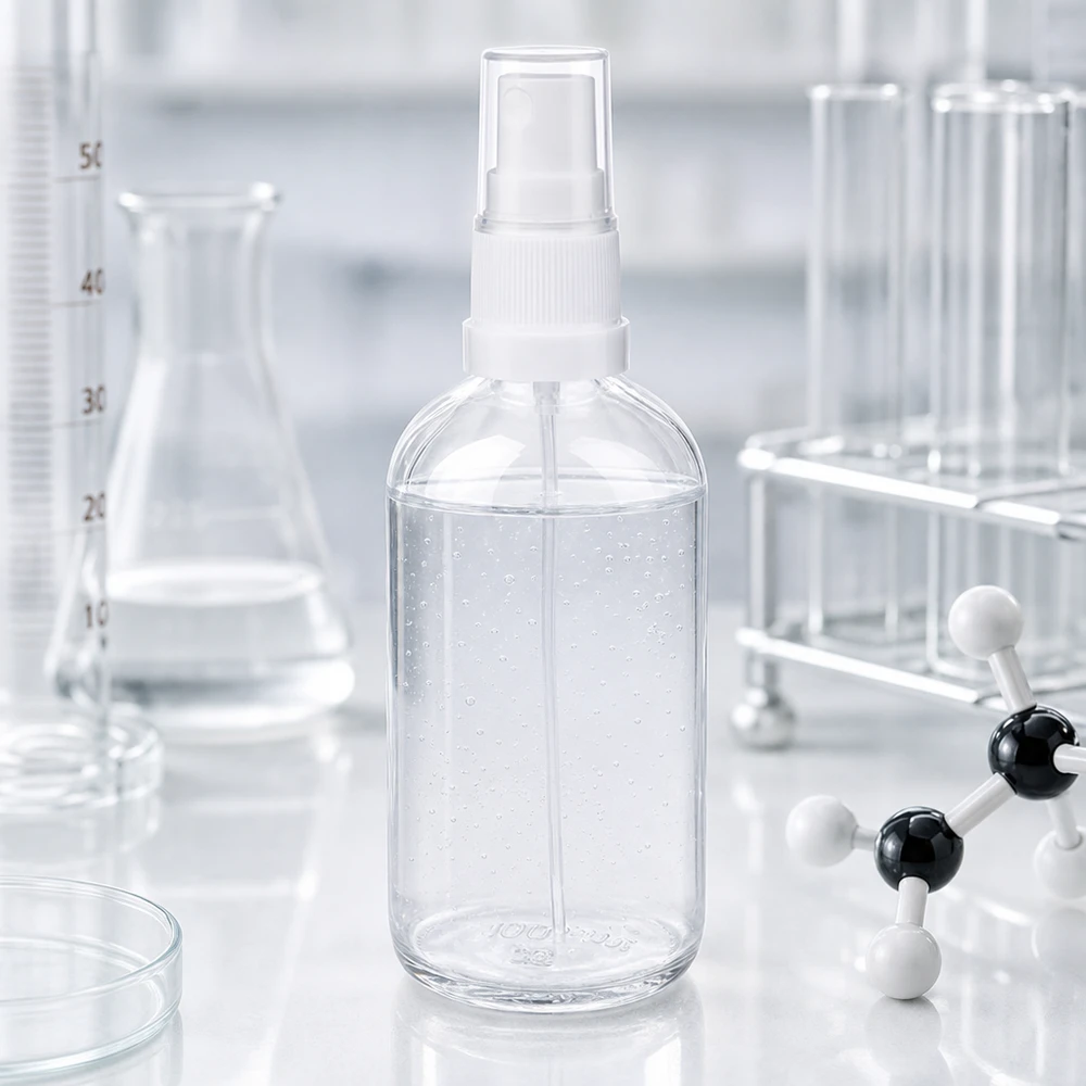 Flacone spray da 100 ml ClearLine UT18 in un laboratorio con provette e modello molecolare