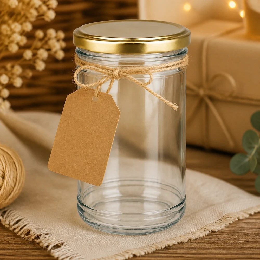 Bicchieri da 1053 ml decorati con un coperchio BasicSeal dorato e un'etichetta in carta kraft come confezione regalo fai da te