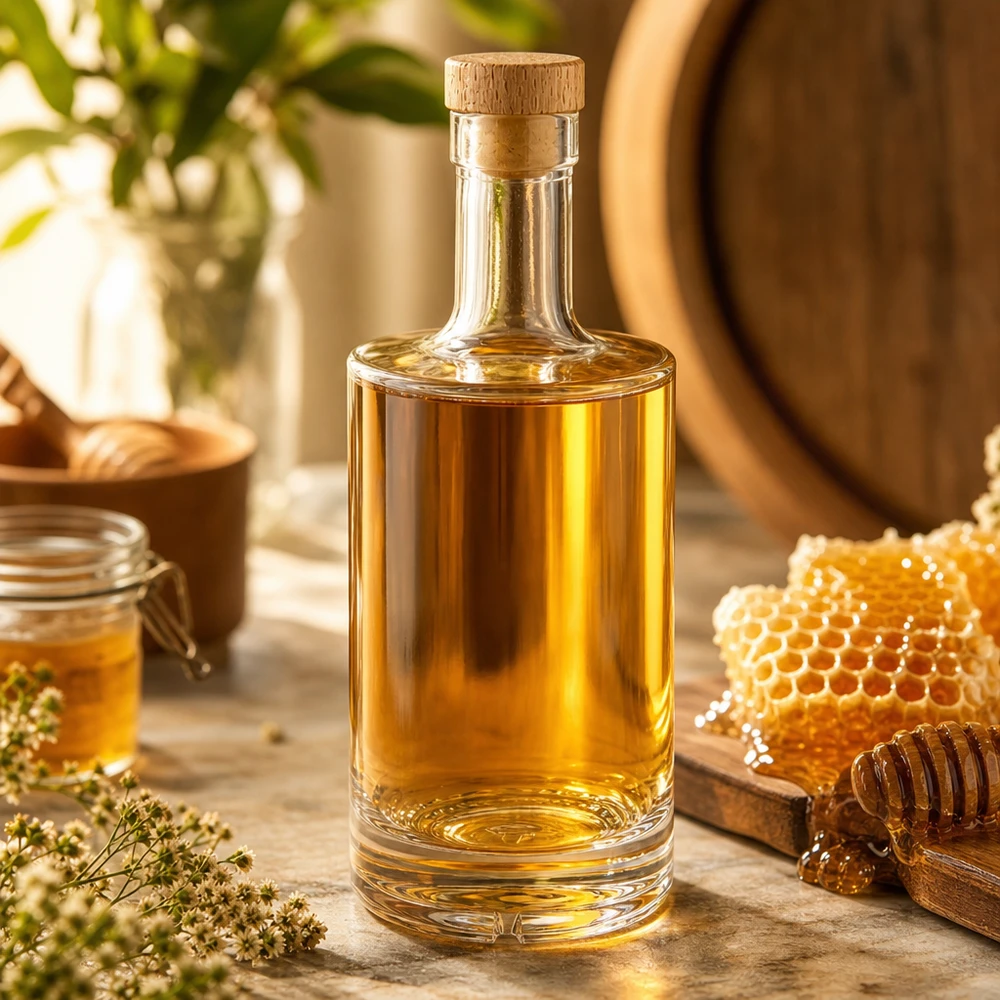 Bottiglia in vetro da 500 ml Nora con tappo in sughero con impugnatura in legno UNiTWIST® Bottiglia di vetro da 500 ml Nora riempita di liquore al miele tappo di legno UNiTWIST barattolo di miele a nido d'ape decorazione naturale