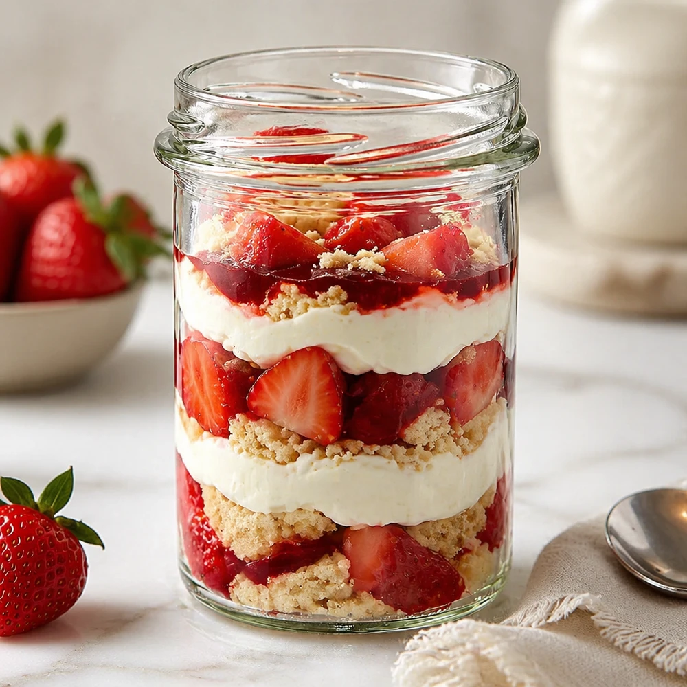 Sturzglas 230ml mit geschichtetem Erdbeer-Dessert befüllt, Sahne und Kekskrümeln, UNiTWIST Sturz230 TO66