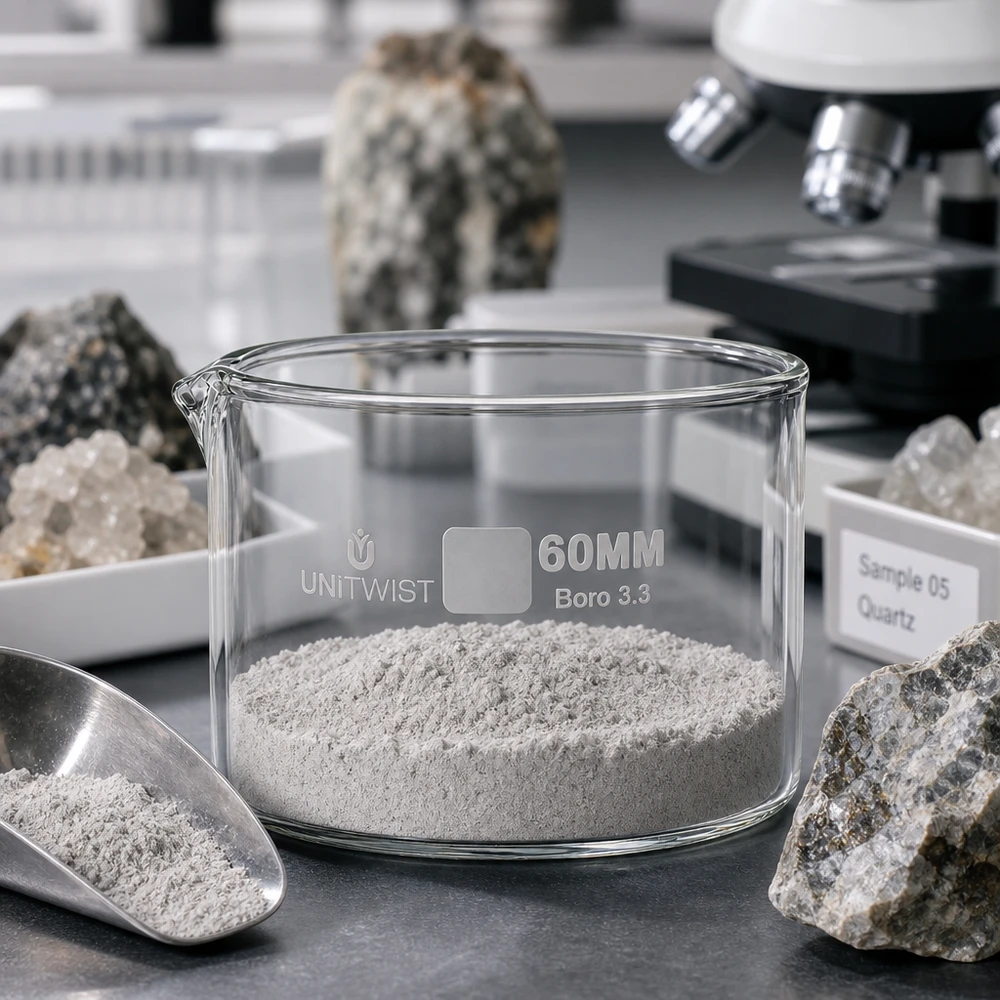 Kristallisierschale ø60mm Borosilikatglas UNiTWIST Kristallisierschale UNiTWIST 60mm Boro 3.3 mit grauem Pulver und Quarzprobe im Geologie-Labor