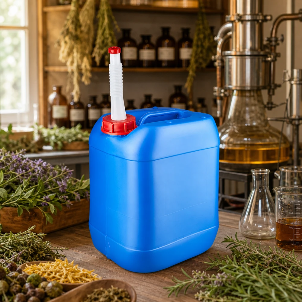Kanister 20 Liter blau mit Auslaufrohr Flex Kanister 20 Liter blau mit rotem DIN-Verschluss und flexiblem Ausgießer für Pflanzenauszüge