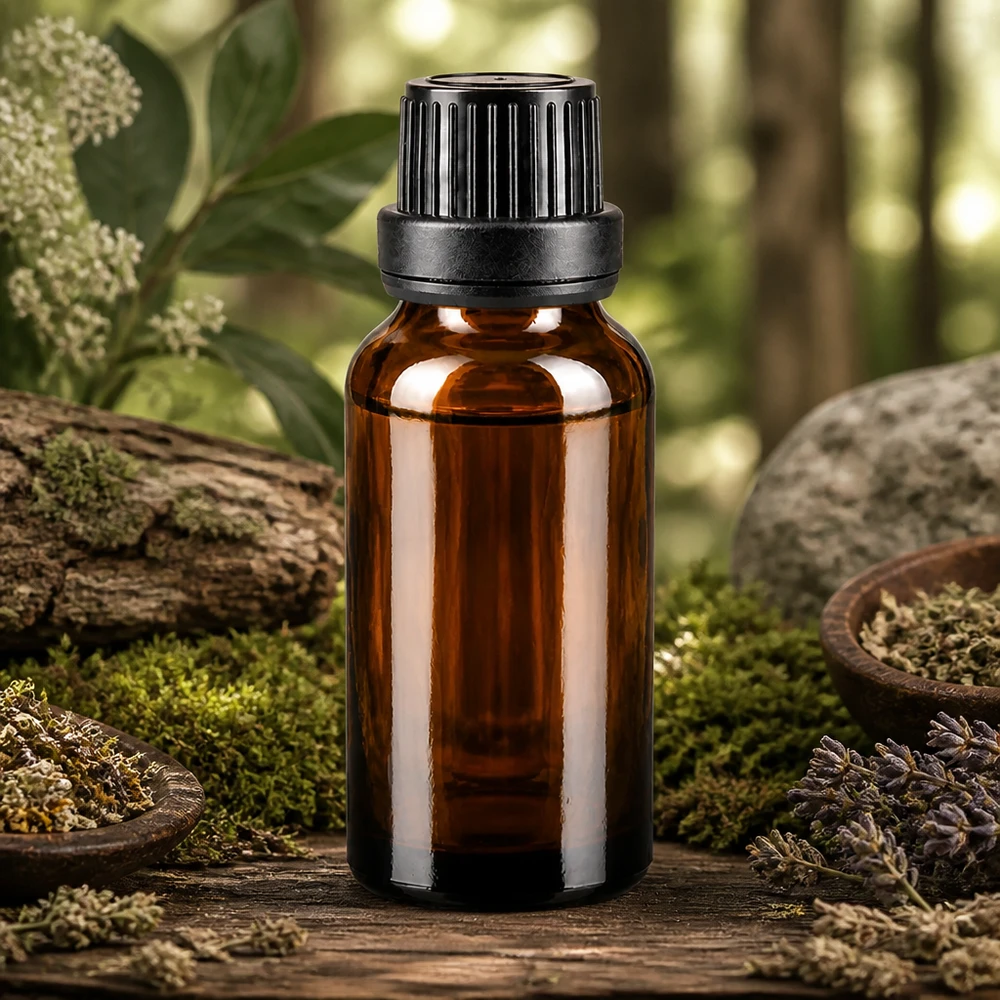 Petit flacon en verre ambré de 20 ml muni d'un bouchon compte-gouttes noir, sur fond de mousse et d'herbes, dans une ambiance forestière