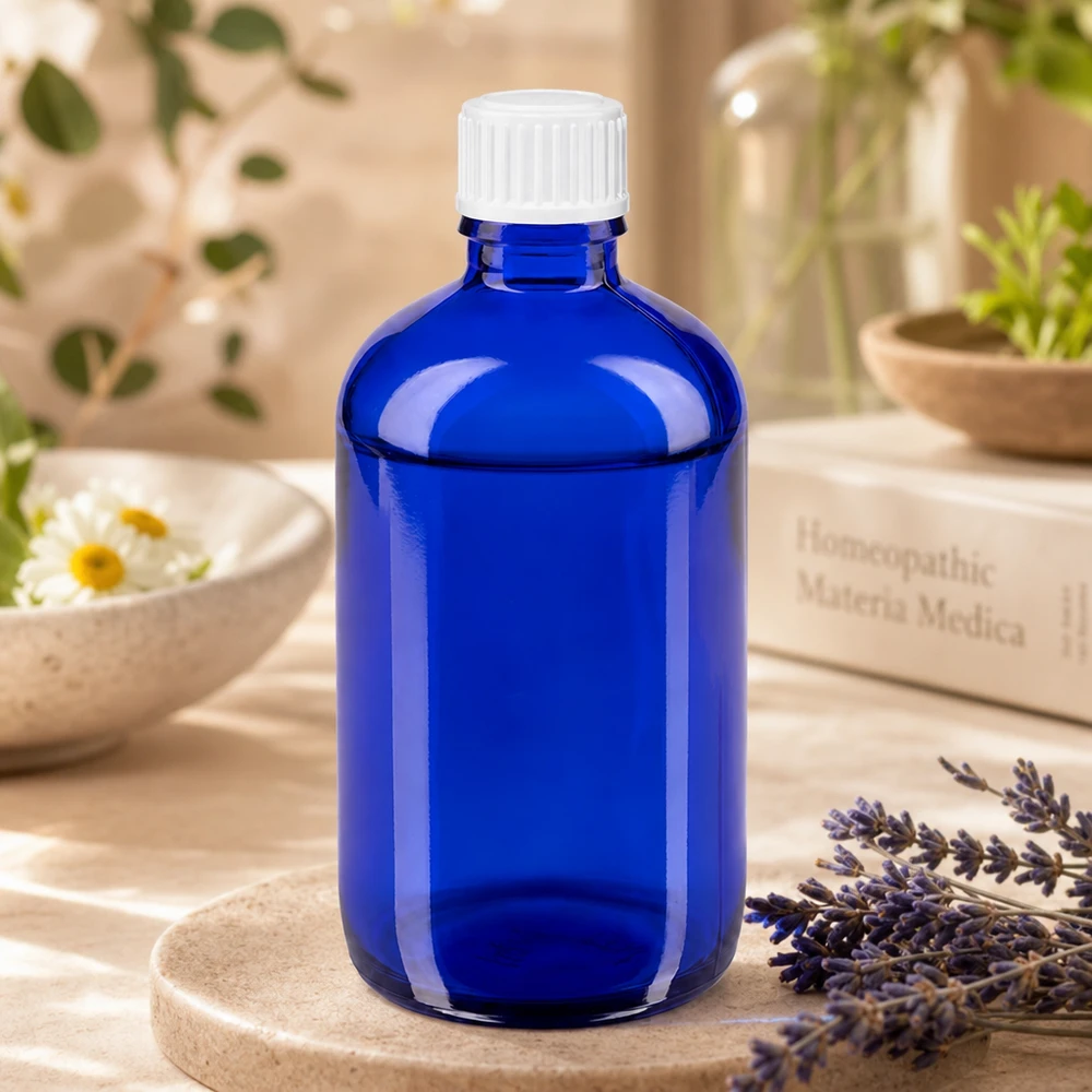 Apothekenflasche blau 100ml Schraubverschluss weiß Standard 100ml Apothekerglasflasche Blau für Tinkturen und ätherische Öle mit weißem Deckel