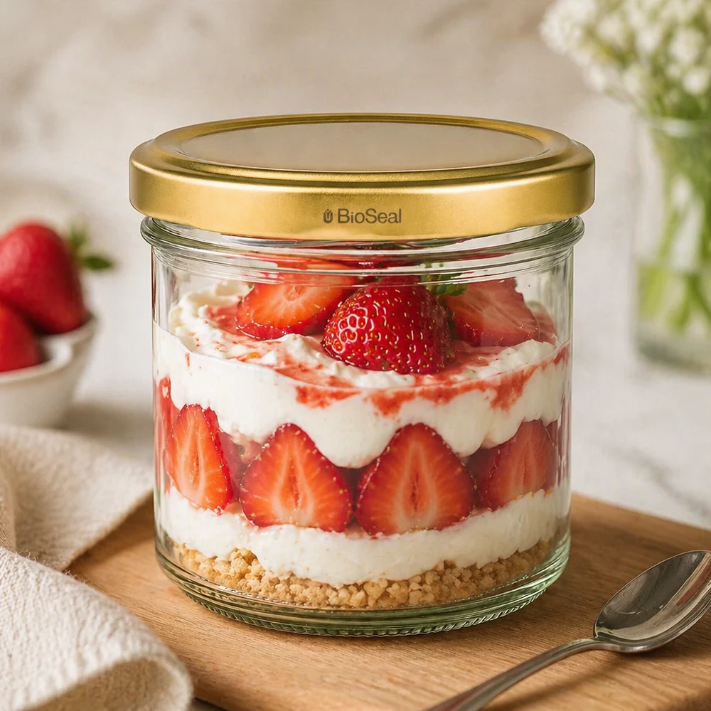 UNiTWIST vaso da dessert da 125 ml con trifle di fragole - coperchio dorato TO66 su tavola di legno con cucchiaio e decorazione