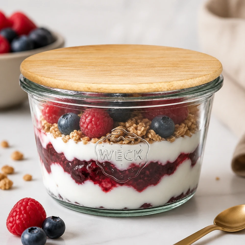 370ml Sturzglas WECK RR100 mit Holzdeckel WECK RR100 Sturzglas 370ml mit Bambusdeckel gefüllt mit Beerenmüsli-Schichtdessert - Joghurt Granola Himbeeren