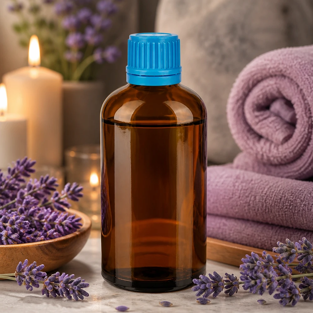 Versatile flacone in vetro ambrato da 100 ml con coperchio blu per trattamenti benessere e spa