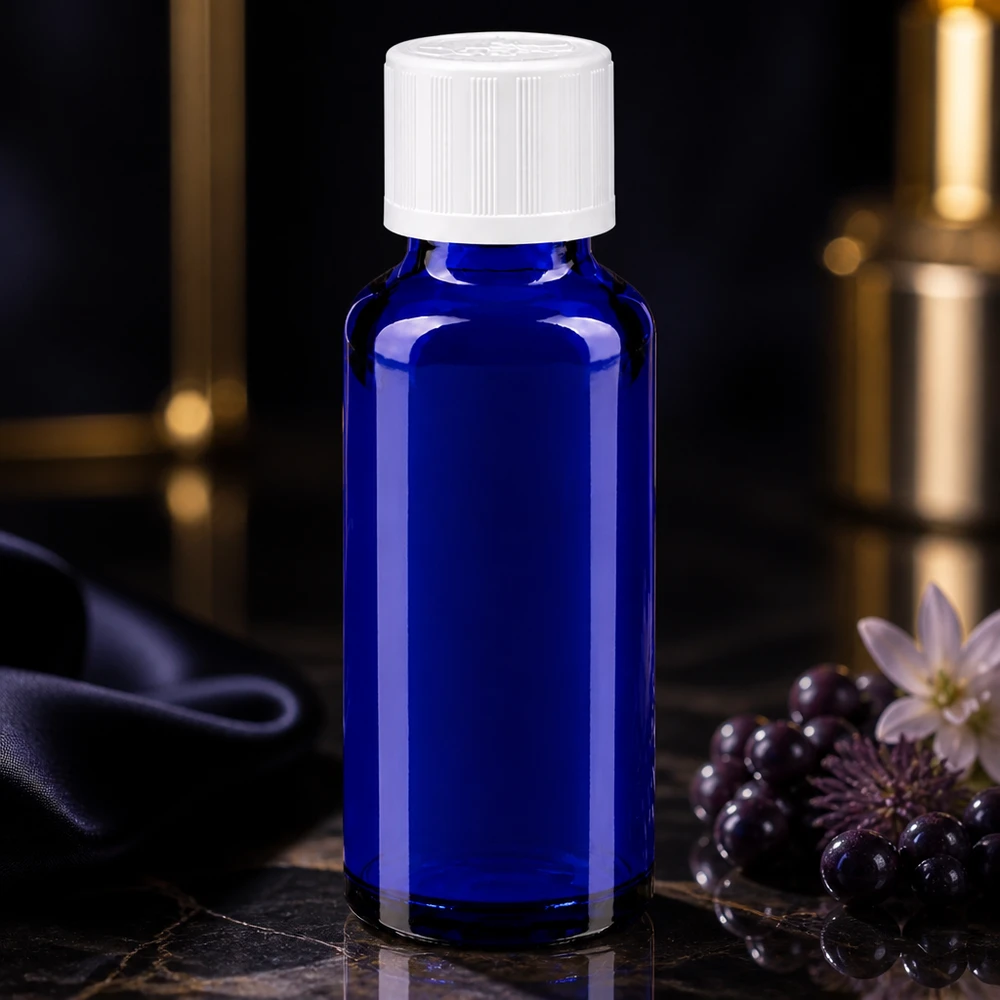 Apothekenflasche blau 30ml Schraubverschluss weiß Kindersicherung Standard Dunkelblaue 30ml Apothekerfl. mit 11mm Kindersicherheitsverschluss in Studioaufnahme