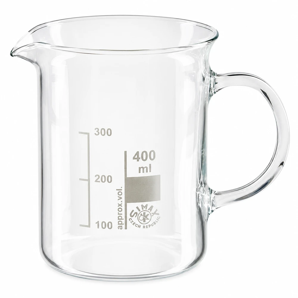 Bicchiere 400ml in vetro borosilicato, con manico Bicchiere da laboratorio da 400 ml in vetro borosilicato con manico e scala graduata in millilitri fino a 300 ml