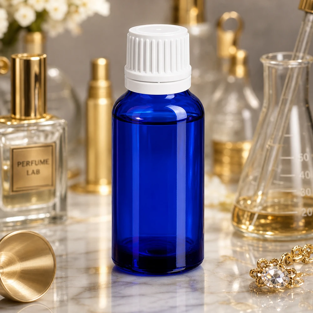 Flacone contagocce da 20 ml 0,7 mm bianco OV BlueLine UT18/20 Flacone contagocce compatto da 20 ml in elegante blu con filettatura UT18/20 a prova di bambino