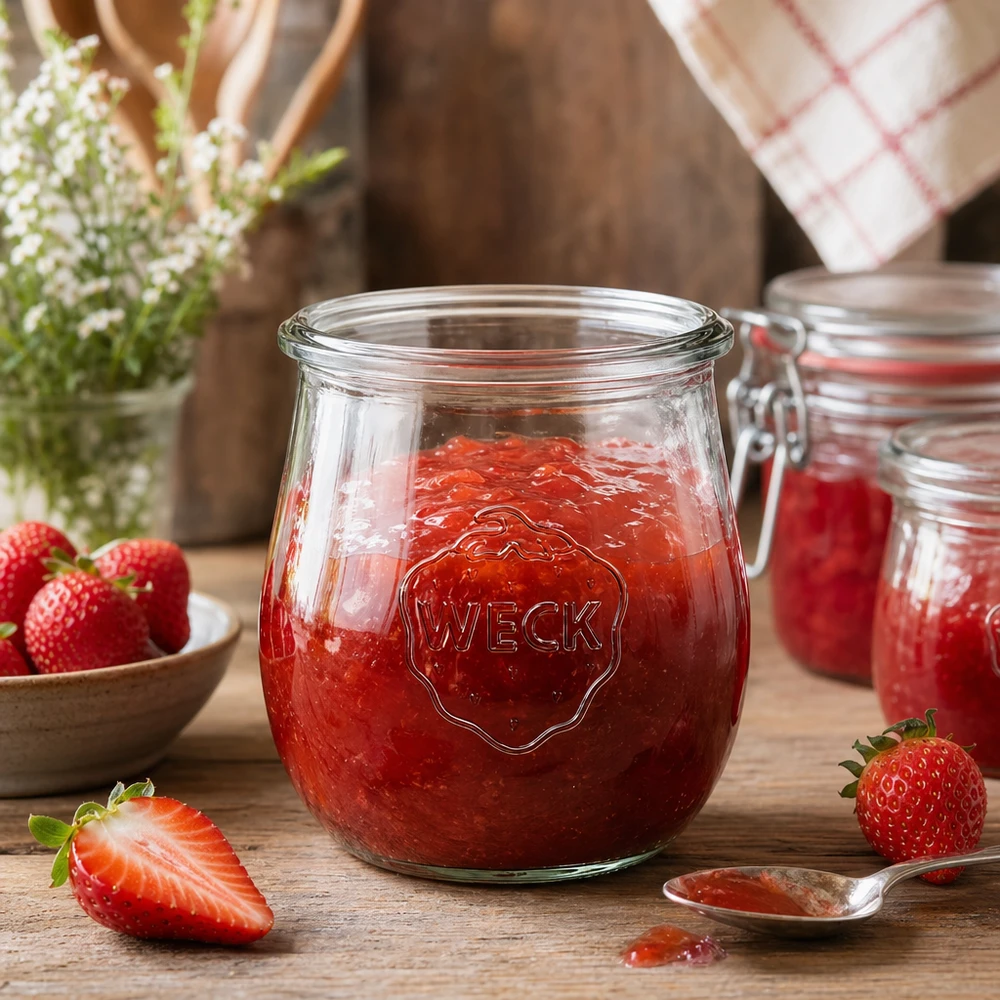 Vaso a tulipano da 220 ml WECK RR60 Vaso WECK a tulipano 220ml RR60 riempito di marmellata di fragole rosse su un tavolo di legno rustico con fragole fresche