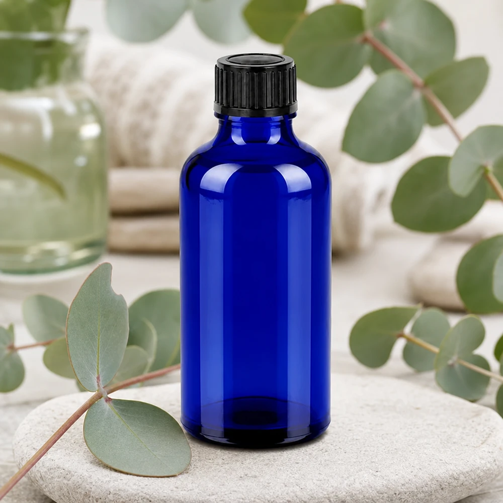50ml Flasche 11mm Schraubverschluss schwarz Originalitätsverschluss BlueLine UT18/50 Nachfüllbare 50ml Blauglasflasche mit festem schwarzen Schraubdeckel für Naturkosmetik und Seren