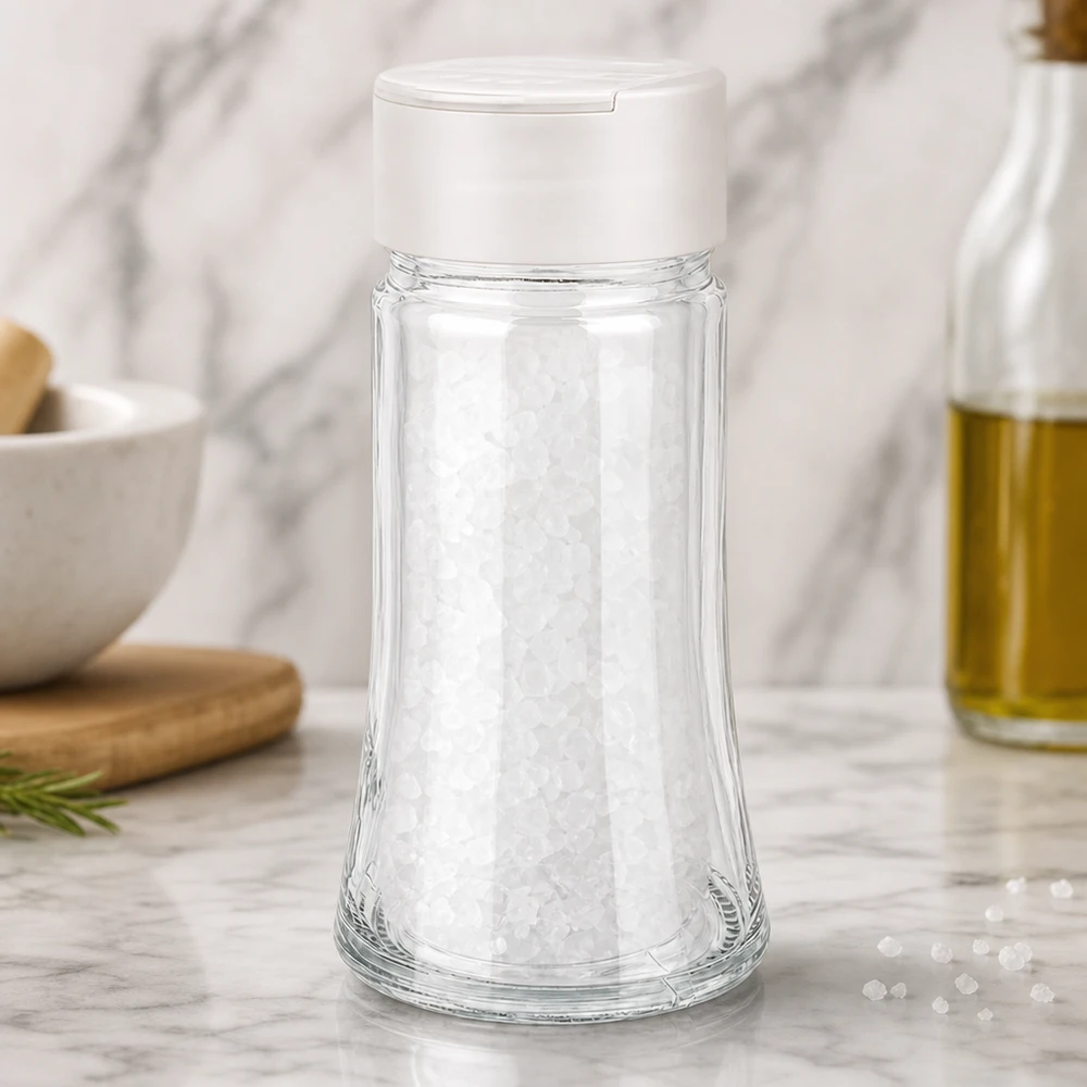 Pot à sel/épices 95 ml avec double saupoudreuse, blanc Gewürzglas 95ml mit Doppelstreuerdeckel weiß neben Olivenölflasche auf Marmorarbeitsplatte