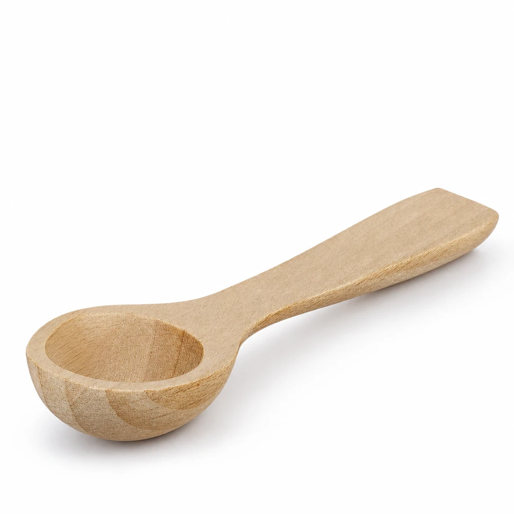 Pala di legno taglia S a forma di cucchiaio lunga 7,7 cm Piccola paletta di faggio 7,7 cm Forma di cucchiaio su sfondo bianco Vista dettagliata Venatura del legno Utensili da cucina