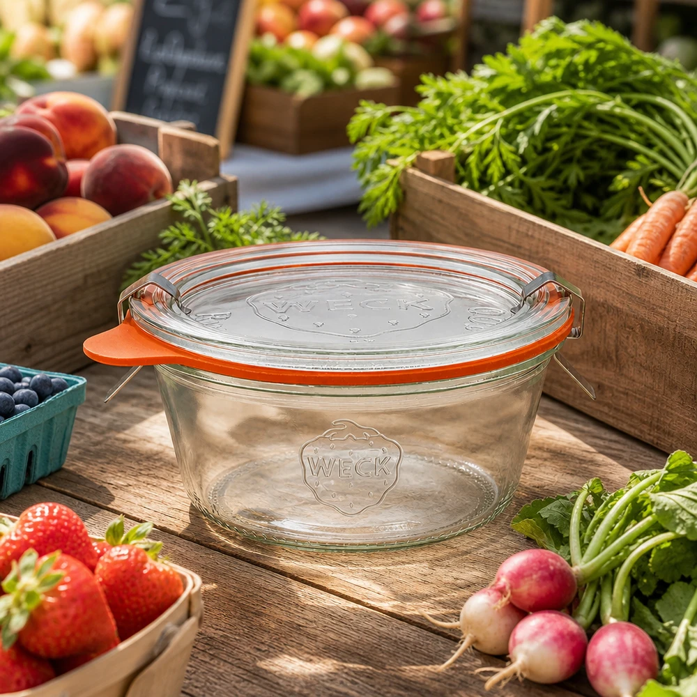 290ml Sturzglas niedrig komplett WECK RR100 WECK Sturzglas 290ml RR100 mit orangem Gummiring zwischen frischem Marktgemüse Obst zum Einmachen