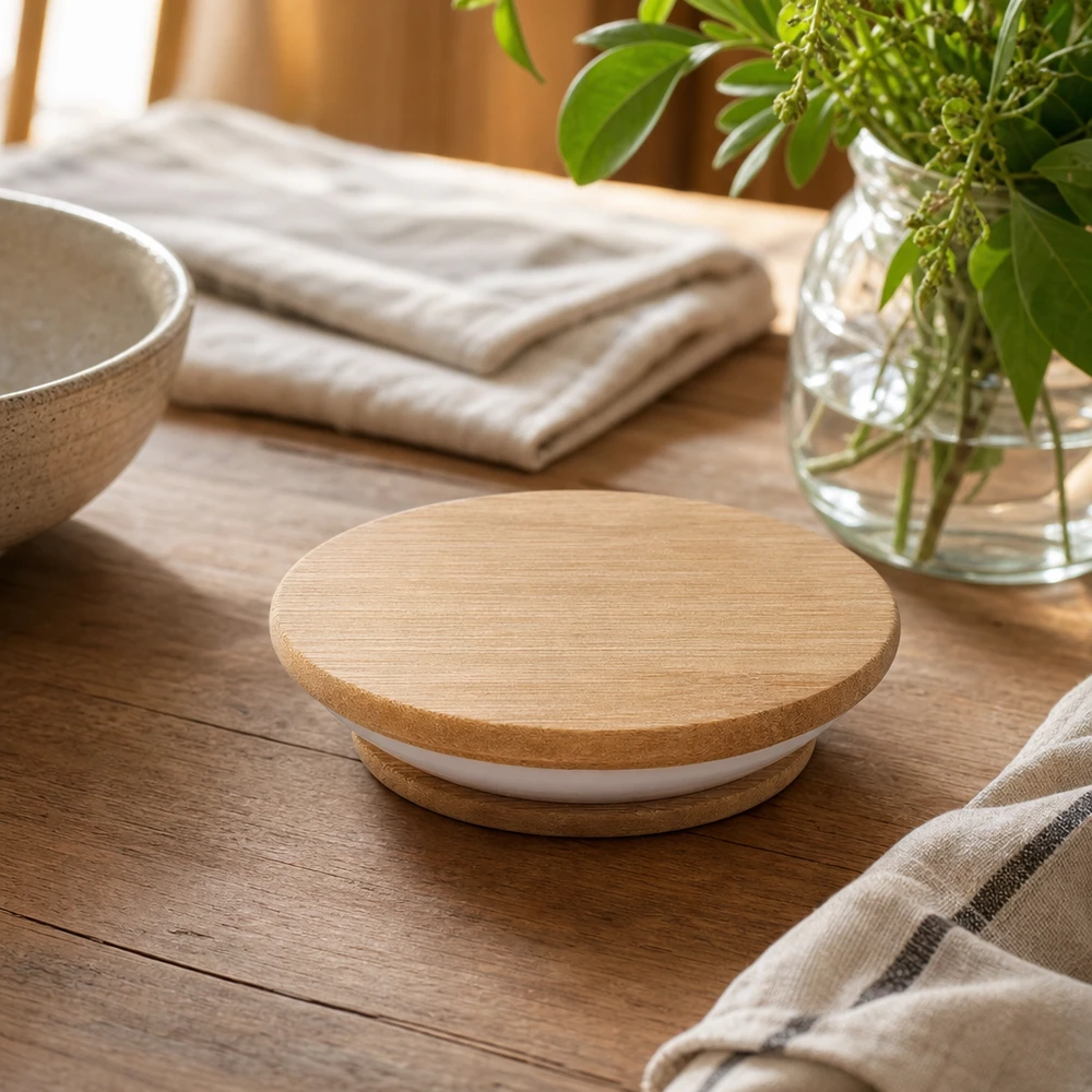 Coperchio in legno versione "A" per WECK RR80 Coperchio in legno WECK versione RR80 Uno scatto di lifestyle su un tavolo in legno con decorazioni mostra una naturale integrazione nell'ambiente abitativo
