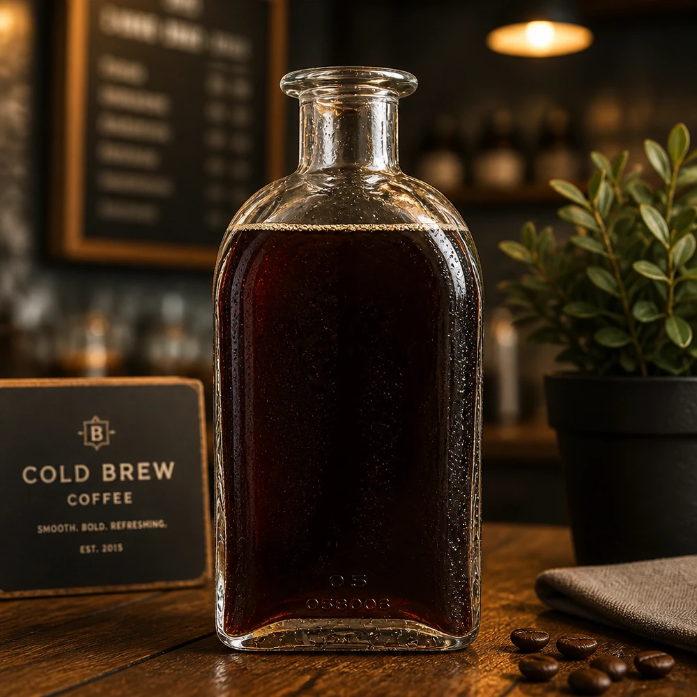 Bottiglia in vetro Julia da 500 ml riempita di caffè cold brew in un'atmosfera da bar con chicchi di caffè e presentazione elegante