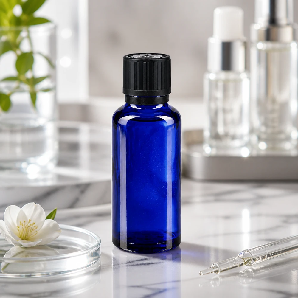 flacon à pharmacie bleu 30ml bouchon inviolable 1mm noir séc. enf. ada.a.ave. bouchon inviolabilité Flacon en verre bleu de 30 ml muni d'un bouchon KiSi, posé sur du marbre à côté d'une pipette et d'une fleur blanche