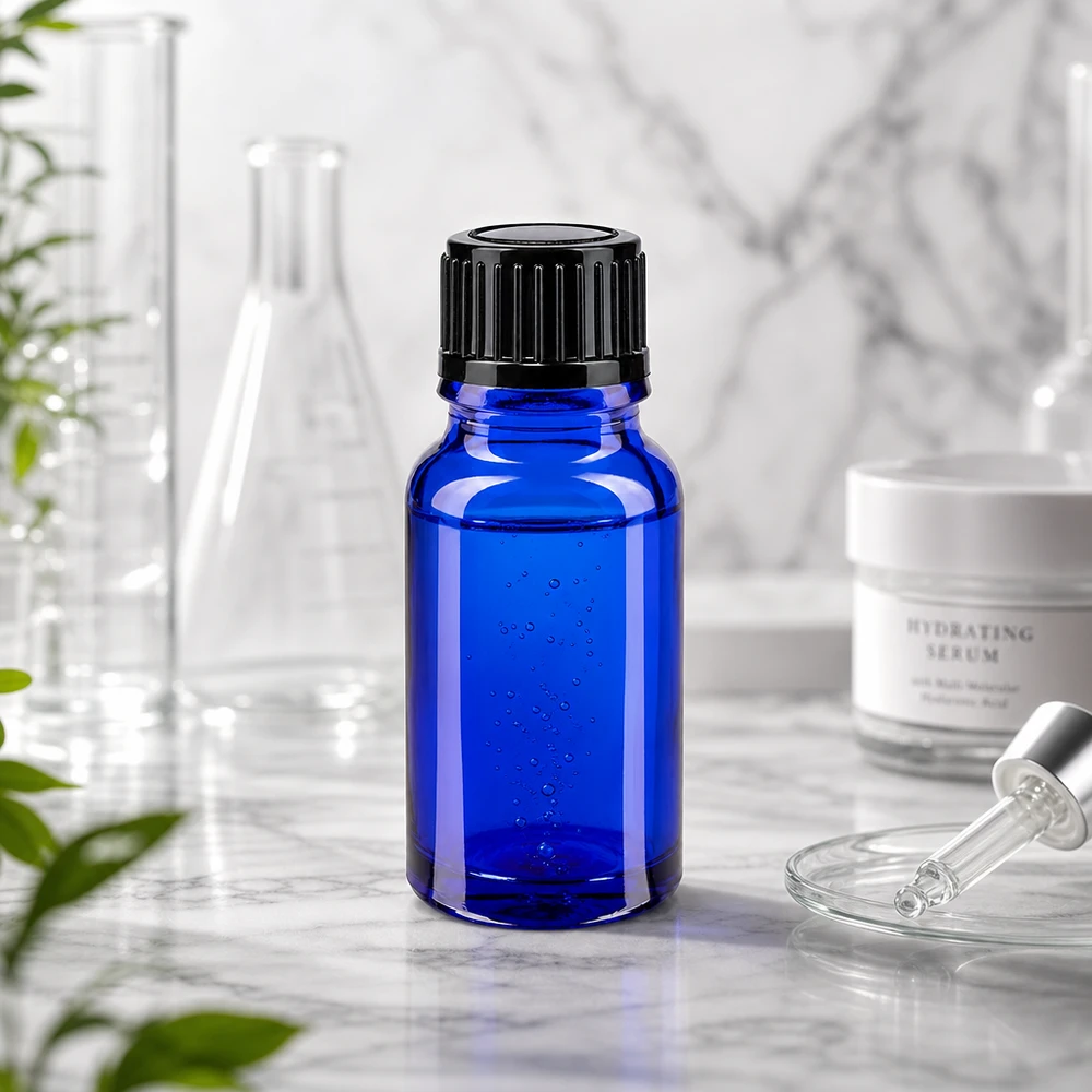 Apothekenflasche blau 10ml Schraubverschluss schwarz Standard Lichtschutzflasche blau 10ml Glas mit schwarzem Standardverschluss für empfindliche Wirkstoffe
