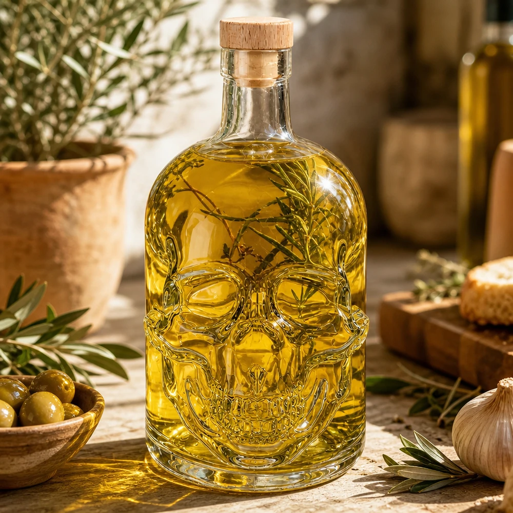 Bottiglia in vetro da 700 ml Jack con tappo in sughero con impugnatura in legno UNiTWIST® Totenkopf-Glasflasche 700ml Jack mit Olivenöl gefüllt, Kräutern und mediterranen Zutaten als Küchendeko