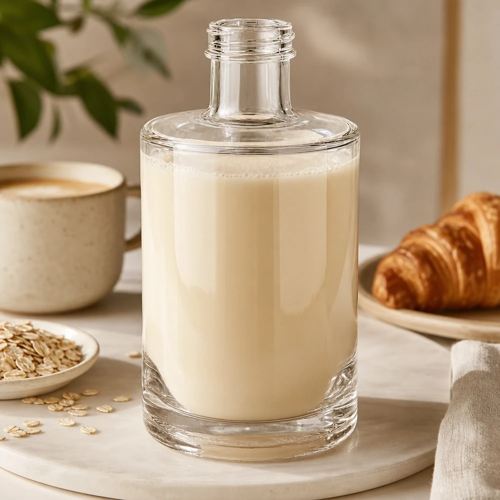 Bottiglia di vetro da 375 ml di Sam riempita di latte d'avena cremoso disposta accanto a un croissant e a una tazza di caffè su una tavola di legno
