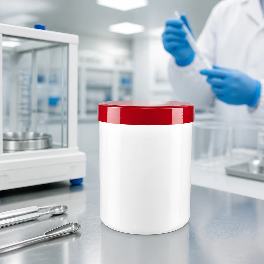 Pot à onguent blanc 500 g avec couvercle rouge (PP) Pot en plastique robuste de 500 g avec couvercle à vis rouge à l'épreuve des enfants, destiné aux pharmacies et aux laboratoires