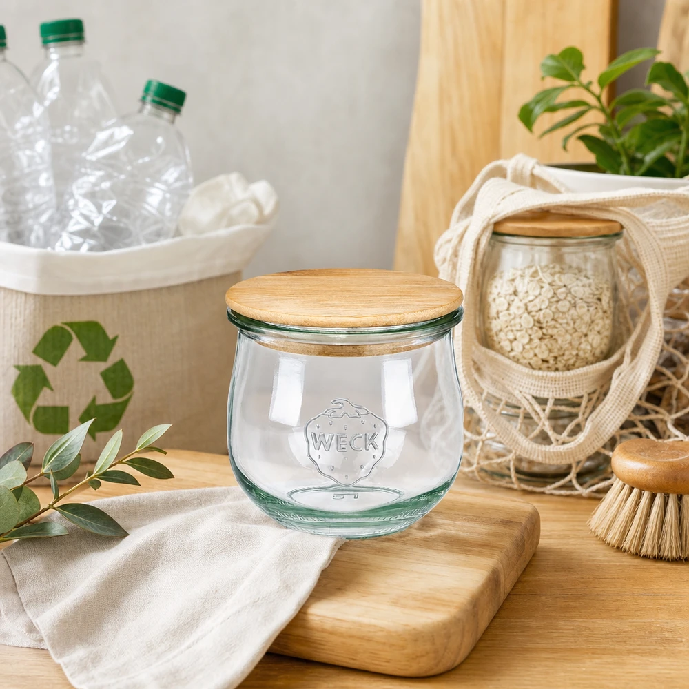 Barattolo WECK tulipano 370ml RR80 con coperchio in legno in cucina sostenibile a rifiuti zero con utensili riciclati e decorazioni naturali