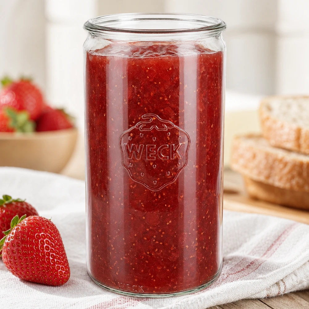 Barattolo cilindrico in vetro WECK RR100 da 1590 ml WECK Zylinderglas 1590ml RR100 gefüllt mit Erdbeermarmelade neben frischen Erdbeeren und Brot in heller Küche