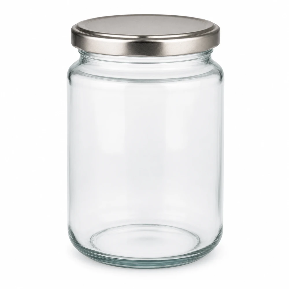 382ml Rundglas mit BasicSeal Deckel silber UNiTWIST 382ml Rundglas mit silbernem BasicSeal Deckel leer auf weißem Hintergrund Einmachglas Vorratsglas