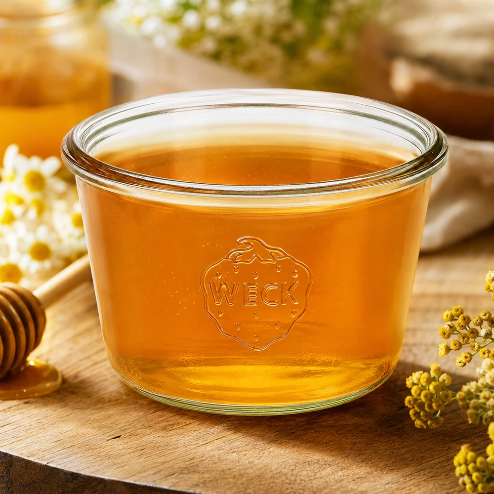 WECK Sturzglas 370ml RR100 mit Honig gefüllt auf Holztisch mit Kamille und Honigwabe