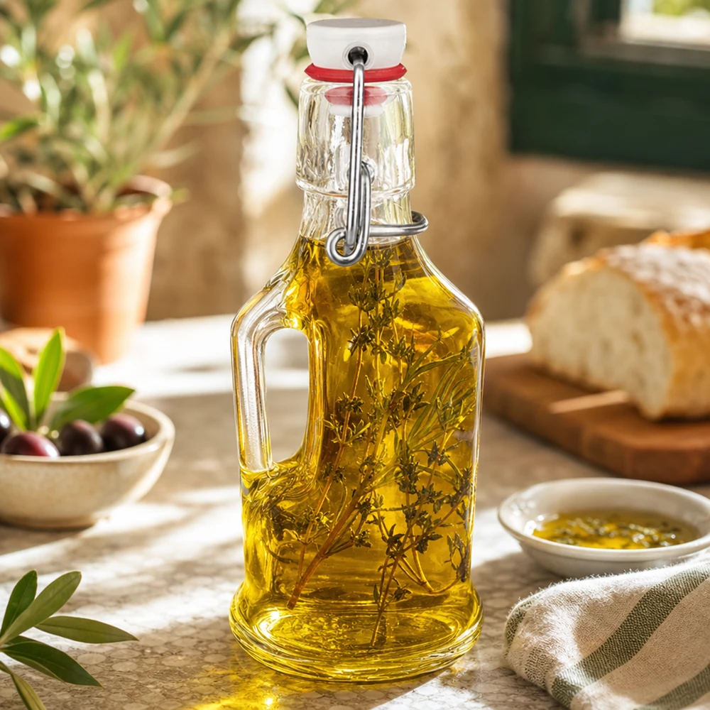 Bottiglia di vetro Bertha 200ml riempita di olio alle erbe scena di cucina mediterranea pane olive swing top UNiTW