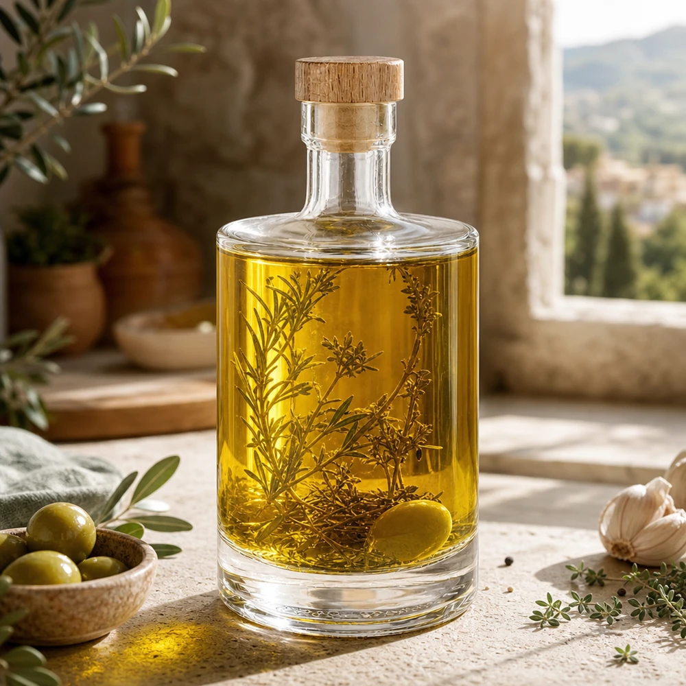Bottiglia in vetro da 500 ml 500ml Glasflasche "Marie" mit Holzgriff-Korken UNiTWIST con tappo in sughero con impugnatura in legno UNiTWIST® 500ml Glasflasche Marie mit Kräuteröl befüllt - Holzkorken UNiTWIST - mediterrane Küchendeko mit Oliven und Rosmarin