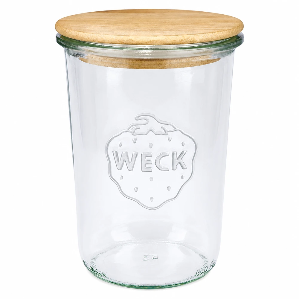 Bicchieri WECK RR100 da 850 ml con coperchio in legno Vaso WECK 850ml RR100 con coperchio in legno Vaso per conserve trasparente con logo WECK