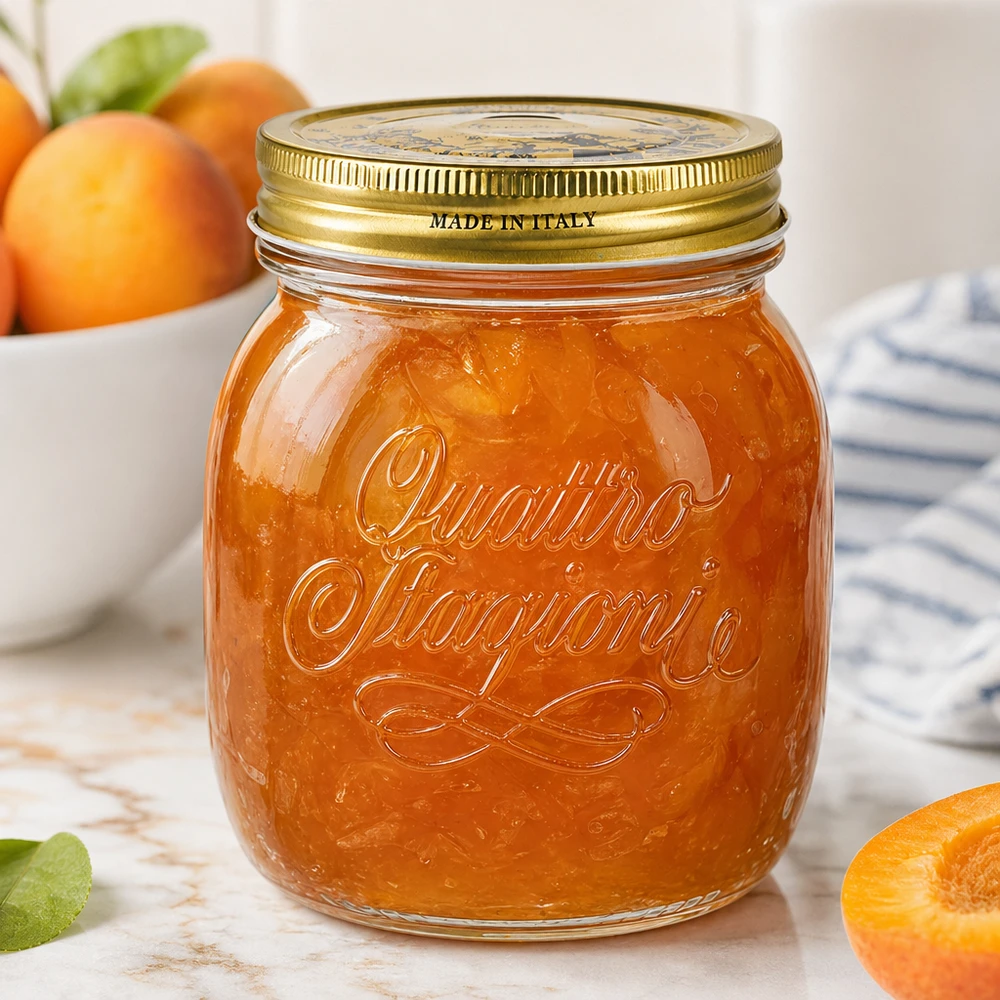 Barattolo rotondo "Quattro Stagioni" da 700 ml con coperchio Quattro Stagioni Barattolo rotondo da 700 ml con marmellata di albicocche Made in Italy Barattolo per marmellate e creme spalmabili