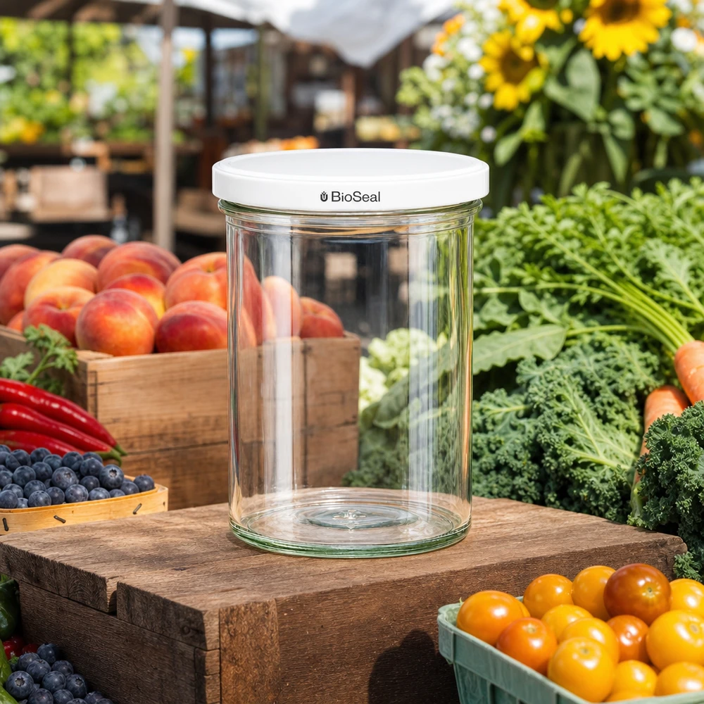 435ml Sturzglas mit BioSeal Deckel weiß UNiTWIST UNiTWIST Sturzglas 435ml leer auf Holztisch zwischen frischem Obst und Gemüse zeigt vielseitige Verwendung im Garten