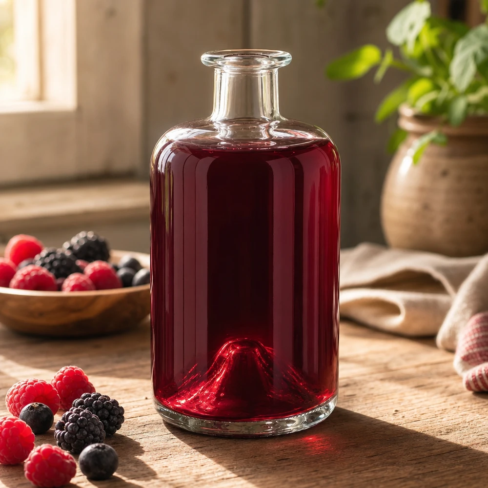 Flacone farmaceutico da 500 ml 500ml Glasflasche "Sofia" ohne Verschluss UNiTWIST senza tappo UNiTWIST® 500ml Glasflasche Sofia mit rotem Beerensaft befüllt Himbeeren Brombeeren dekorative Küchendeko Apothekerflasche