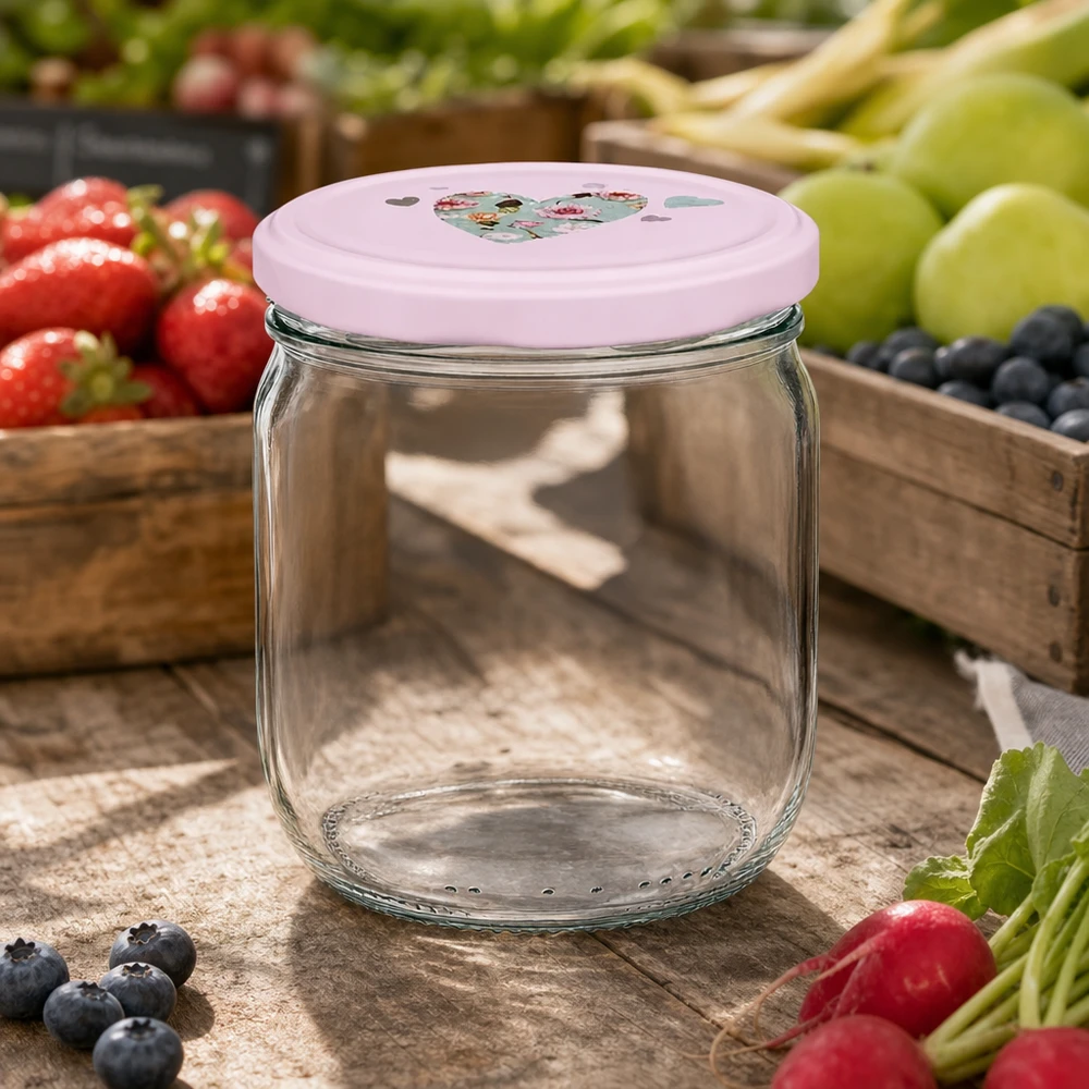 425ml vaso rotondo vuoto cuore rosa coperchio BasicSeal frutta ambiente bancarella frutti di bosco freschi uva cassa di legno