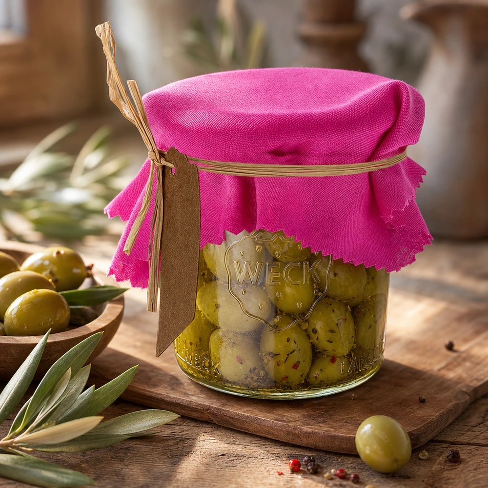 Centrino per gioielli in tessuto rosa 12cm quadrato Centrino in tessuto rosa di 12 cm di lato su vaso di olive con rafia ed etichetta in scena di decorazione mediterranea