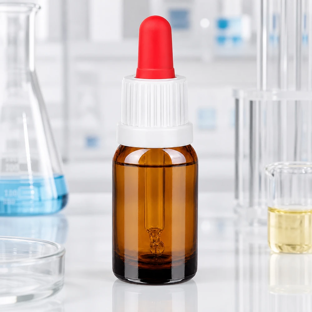 Flacone per pipette da 10 ml bianco/rosso OV BrownLine UT18/10 Flacone per pipetta da 10 ml in vetro ambrato di alta qualità con protezione UV e sistema di dosaggio preciso