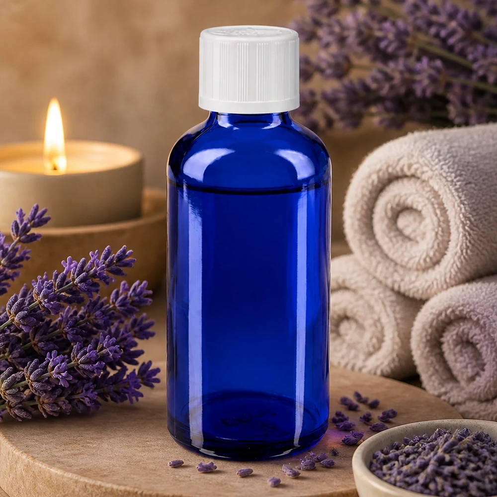 Flacon à pharmacie bleu 50ml bouchon anti-goutte blanc séc. enf. std Flacon en verre bleu de 50 ml muni d'un compte-gouttes, posé entre des fleurs de lavande et une bougie dans un décor de spa