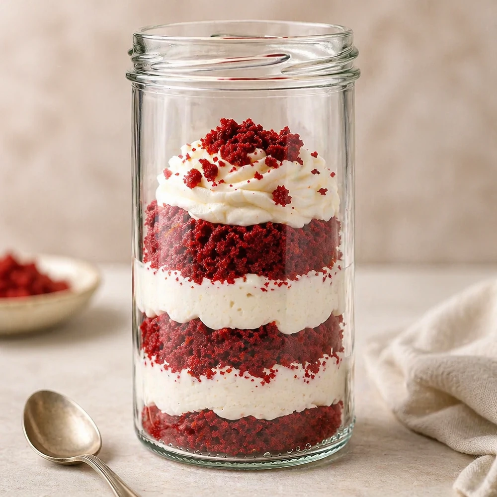 Red Velvet Dessert im UNiTWIST Sturzglas 277ml mit Sahne und roten Streuseln in Schichten angerichtet